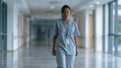 A lone nurse walking an empty hospital corridor at 4 a.m., motion slightly blurred, ID badge swinging, industrial ceiling lights casting hard shadows below her, ideal for
