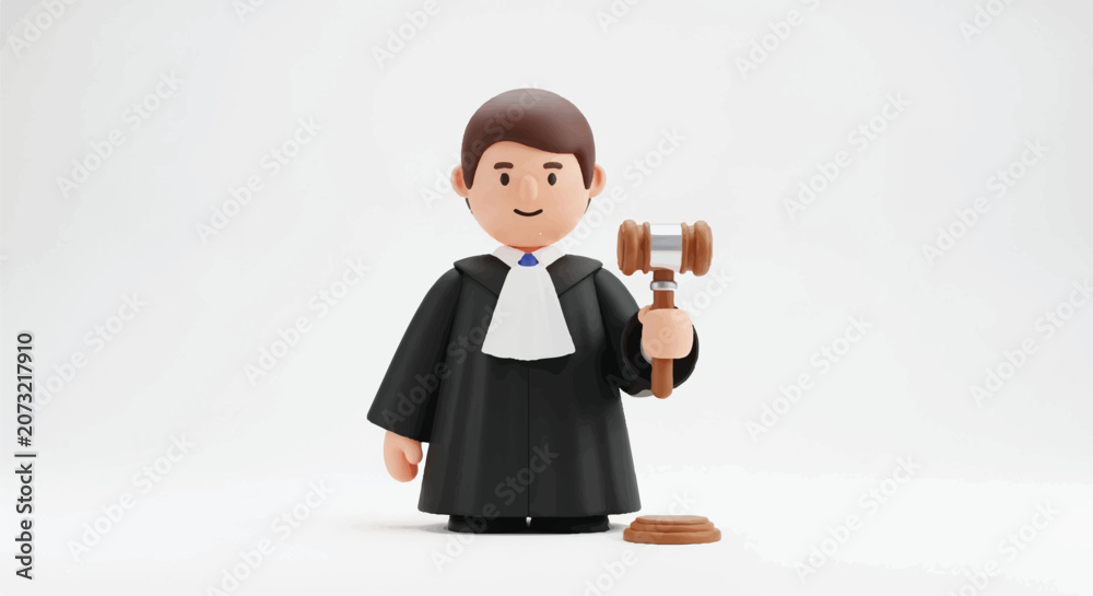 Fototapeta premium Lego judge minifigure with gavel on white background illustrating law and justice.
