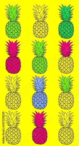Vibrant Pop Art Pineapples Pattern on Bright Yellow Tropical Fruit Background
