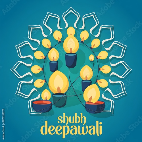 Shubh deepawali greeting card design with glowing oil lamps and mandala pattern