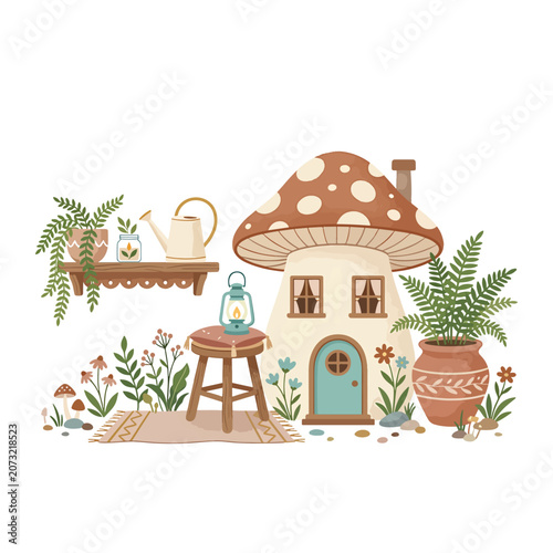 Whimsical mushroom house with garden decor.