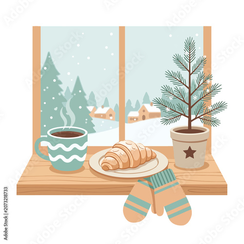 Winter morning with coffee and croissant.
