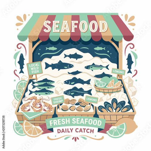 Schilderij op canvas Fresh daily seafood market stand display.