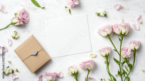 A composition featuring a blank card a ring box and lovely eustoma flowers against a white backdrop providing a copy space image