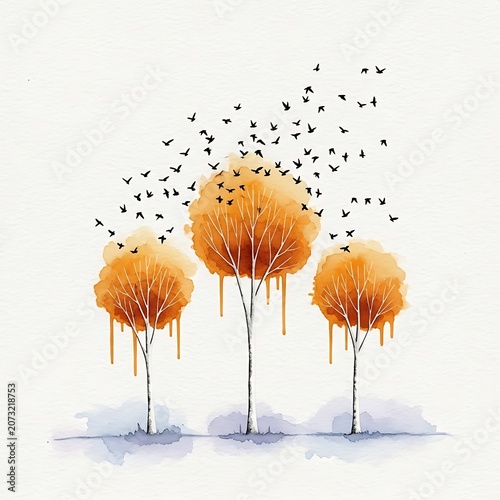 Vibrant Watercolor Autumn Trees with Silhouetted Birds in Flight Illustration