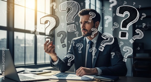 Thoughtful businessman surrounded by question marks contemplating a difficult decision.