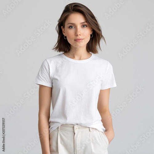 Young woman wearing plain white t-shirt and light trousers posing against neutral gray background for commercial fashion portrait