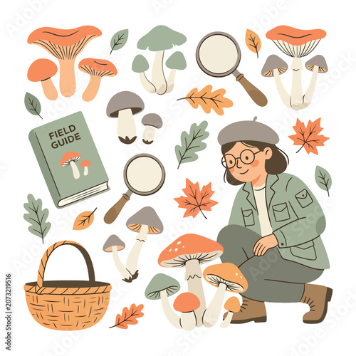 Woman Foraging Mushrooms in Autumn Forest.