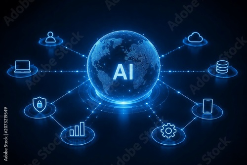 AI-Powered Global Digital Network with Cloud Computing, Cybersecurity, Data Analytics and Connected Technology Icons