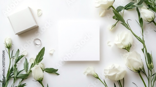 A composition featuring a blank card a ring box and lovely eustoma flowers against a white backdrop providing a copy space image