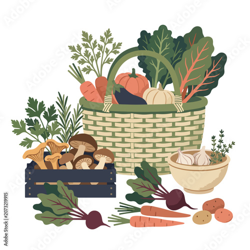 Fresh vegetables and mushrooms on display.