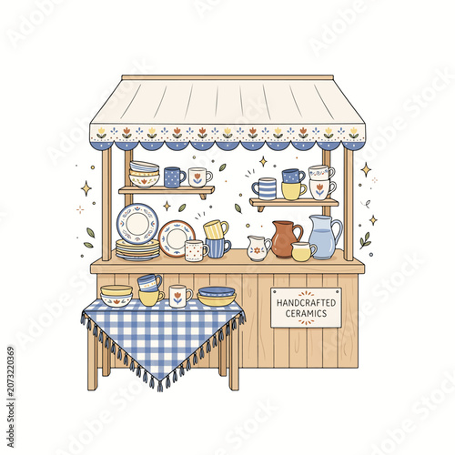 Handcrafted ceramics market stall display.