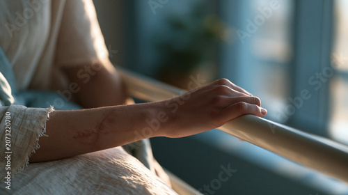 A hand gripping a hospital bed rail tightly, surgical scar visible on the wrist, sunlight from a window resting on the arm, quiet post-transplant recovery moment, perfect for