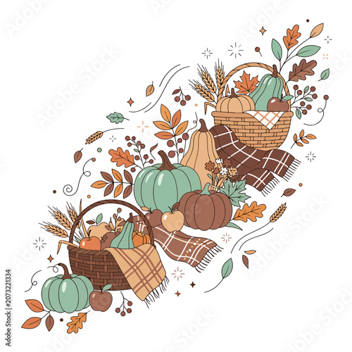 Autumn Harvest Pumpkins and Leaves Illustration.