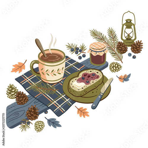 Autumn picnic breakfast with coffee.