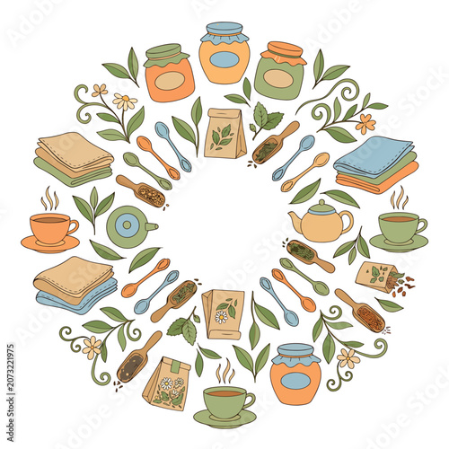 Herbal tea and book circle arrangement.
