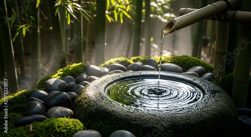 Calm Japanese Garden: Bamboo Water Spout Dripping into Stone Basin with Moss and Pebbles