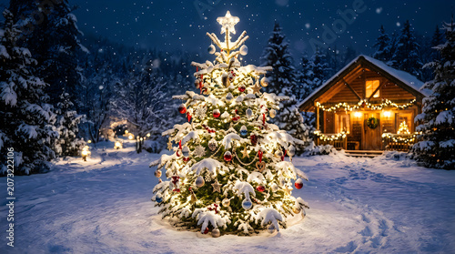 Decorated christmas tree in snowy village at night