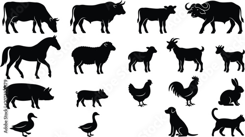 Obraz na plátně Farm Animal Silhouette Collection with Cow Buffalo Horse Sheep Goat Pig Poultry