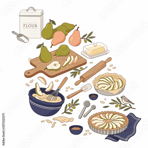 Baking ingredients for pear pie making.