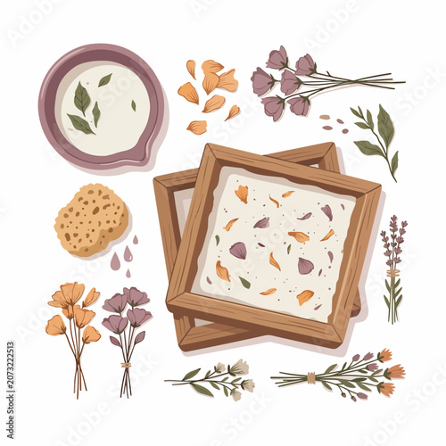 Herbs and spices on wooden boards.