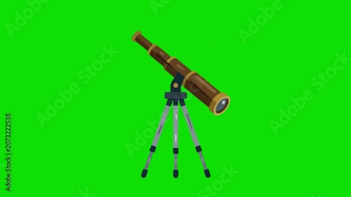 Telescope on a tripod stands on a green background for stargazing