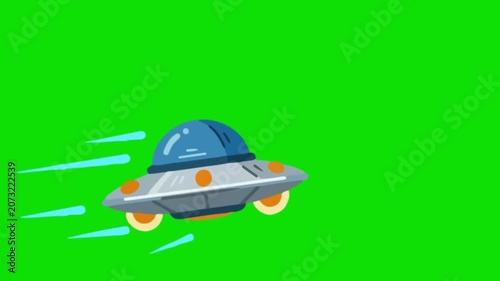 A futuristic spaceship flies quickly through a green environment with motion lines.
