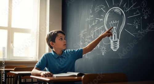 Young Boy Points to Light Bulb Idea on Chalkboard in Classroom.