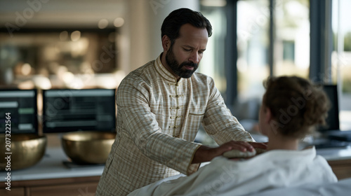 Ayurvedic practitioner pressing warm herbal compresses onto a patient in a sleek urban wellness clinic, brass bowls beside digital health monitors, tradition meeting technology,