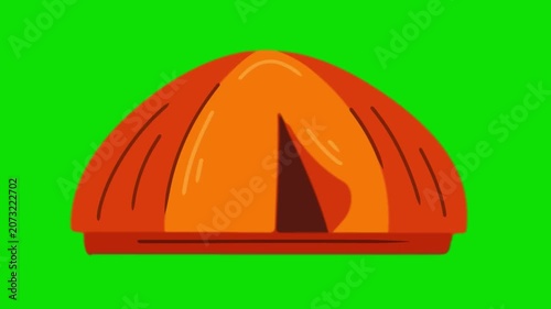 An orange tent sits on green grass in a daytime outdoor scene with white interior.