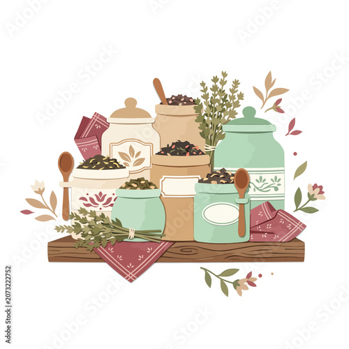 Herbs and spices on wooden tray.