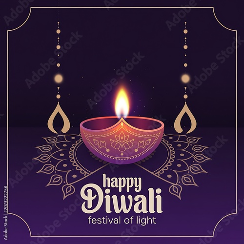 Happy diwali greeting card with glowing diya lamp and mandala art