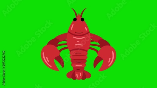A vibrant red lobster stands centered on a bright green background