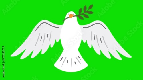 Peaceful dove holds olive branch on green background illustration