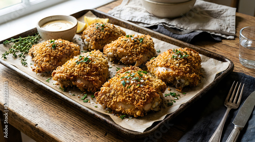 Crispy fried chicken bites on a metal tray