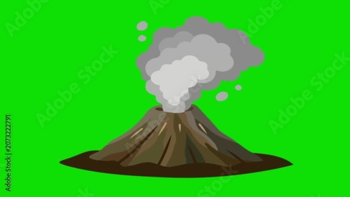 Volcano eruption occurs on mountain landscape with smoke and steam.