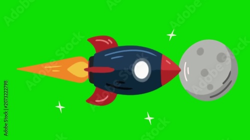 A rocket ship blasts off towards the moon in space with stars