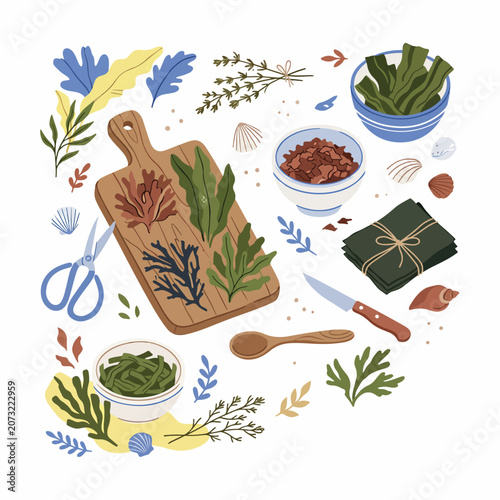 Herbs on cutting board with ingredients.