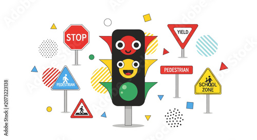 Colorful road traffic signs illustration.