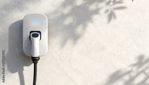 Minimalist EV charger on marble wall with soft shadows.