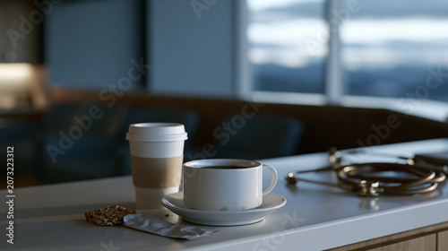 Discarded coffee cups and a half-eaten granola bar on a nursing station counter at dawn, stethoscopes coiled nearby, empty chairs suggesting a shift just ended, perfect for nurse