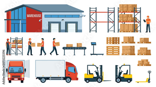 Tableau sur toile Warehouse logistics illustration with workers vehicles and storage shelves
