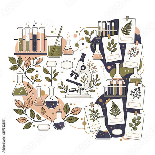 Botany laboratory equipment and plant samples.