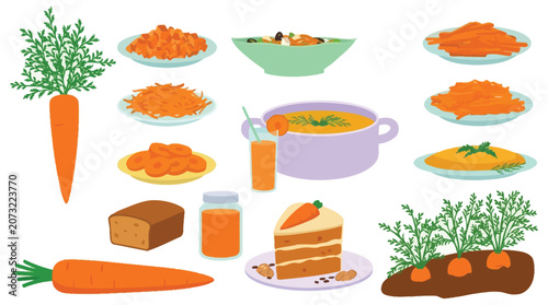 Tableau sur toile Carrot based Dishes And Whole Vegetables Colorful Vector Illustration