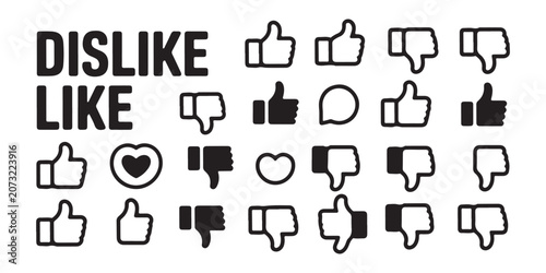 Photos Comprehensive icon library for social media feedback featuring thumbs up dislike and hearts styles