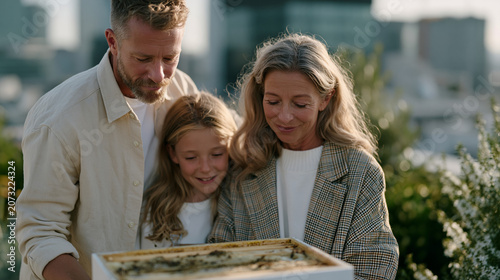 Family of three urban beekeepers, father, daughter, and grandmother, inspecting frames together on a sunlit apartment rooftop garden, ideal for Fathers Day, intergenerational