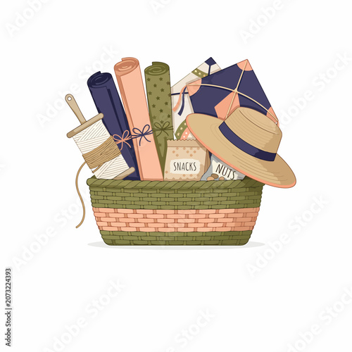 Colorful basket filled with summer items.