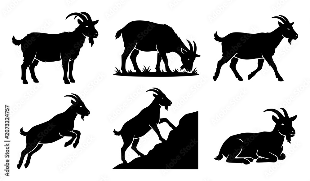 Obraz premium Goat Silhouette Collection with Six Farm Animal Poses Black Isolated Vector Set