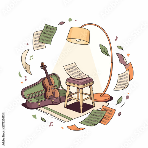 Music instruments and sheet music.