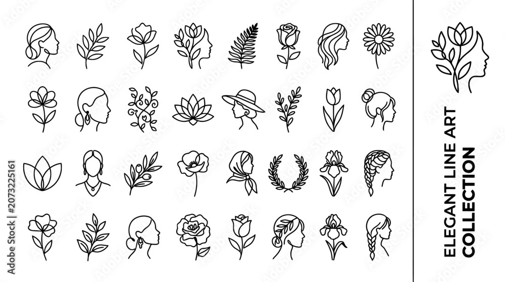Obraz premium Set of Elegant Line Art Collection Featuring Minimalist Botanical Flora and Feminine Silhouette Profiles for Creative Graphic Design Projects